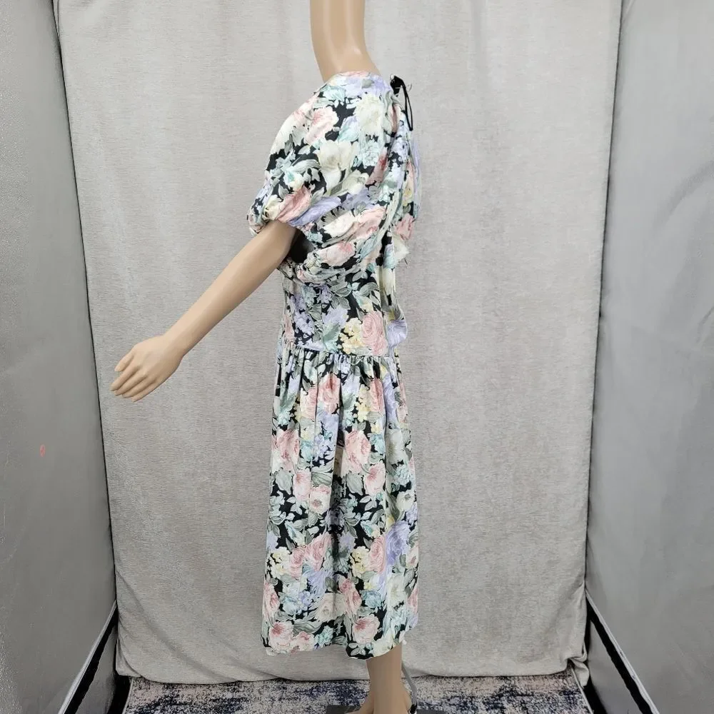 Impromptu 80s Vintage Floral Prom Puff Sleeve Dress Fitted Bodice